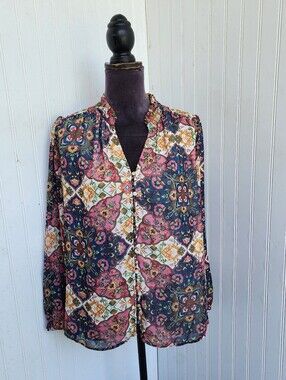 My Danielle Blouse Floral Print Lined V-Neck Long Sleeve Sz L